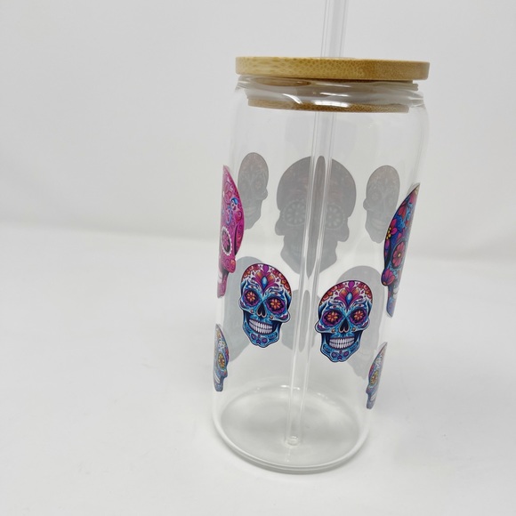 NEW! Sugar skull calavera glass cup with bamboo lid and glass straw 16 oz - Picture 4 of 7